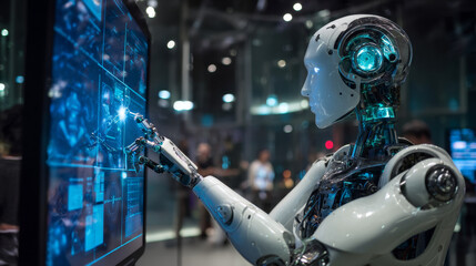 robot cybernetic organism works with a virtual hud interface in augmented reality. humanoid robot wi