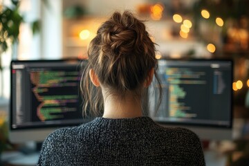 Fototapete - Woman programmer working late at night, focused on code displayed on dual monitors.