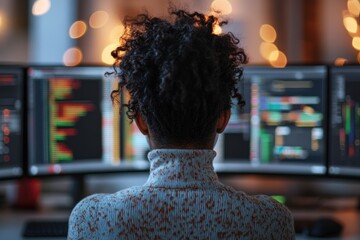 Fototapete - A woman sits before multiple monitors displaying lines of code, focused on software development or programming.