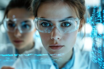 Aufkleber - Two female scientists in lab coats analyze data projected onto a screen, showcasing technological advancements in research.