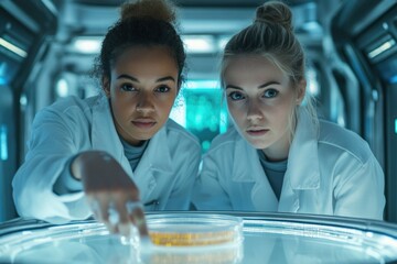 Poster - Two female scientists in lab coats intently examine petri dishes containing a yellow substance, possibly conducting research or analysis.
