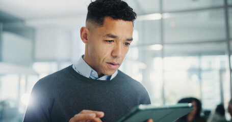 Poster - Business man, tablet and typing at meeting for notes, agenda or review for deal at company. Person, digital touchscreen and insight with application for research, info and feedback at finance agency