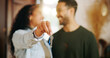 © peopleimages.com - Couple, hand and keys with new home, moving in and finance investment together. Excited man, woman and smile with property, real estate or house for mortgage loan, homeowner and relocation success