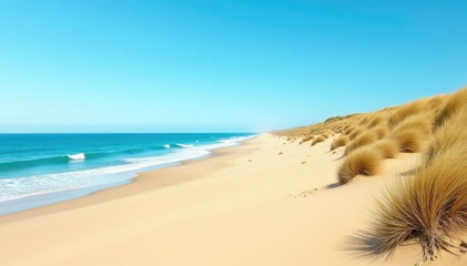 coastal scene, clear blue sky, golden sand dunes, water, sunshine