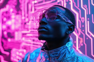 Poster - A futuristic portrait of a person wearing transparent glasses against a vibrant neon pink and blue circuit board backdrop.