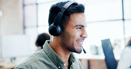 Aufkleber - Contact us, feedback and smile of man in call center for assistance, communication or help. Business, customer service and headset with happy employee in agency workplace for virtual support