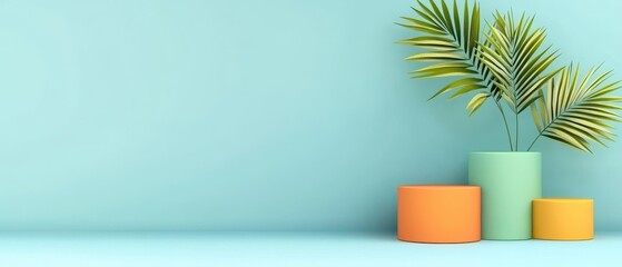 Wall Mural - minimalist product display with cylinder podiums and palm leaves against a light blue wall concept o