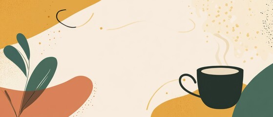 Wall Mural - minimalist abstract background with coffee cup and plant, warm earth tones and steam for a cozy and 