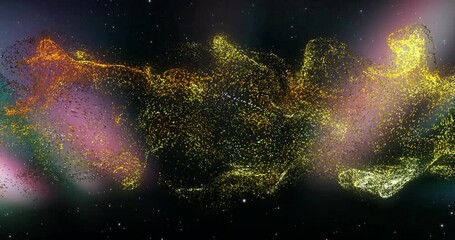 Wall Mural - golden orange particles being animated and swirling into cosmic wave ribbon amid pink nebula glows