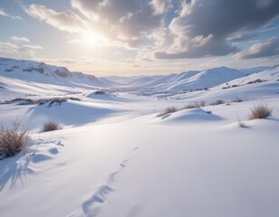 Wall Mural - Vast, snow-covered landscape under a winter sky,  arctic,  field,  sun