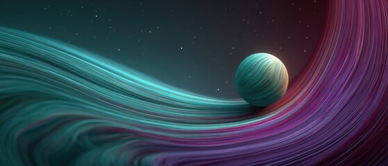 Wall Mural - abstract sphere on flowing lines with teal and purple hues in a cosmic space, creating a sense of mo