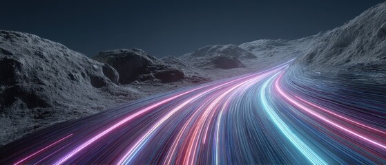 Wall Mural - abstract neon light trails on a rocky planet surface, futuristic landscape with vibrant pink and blu