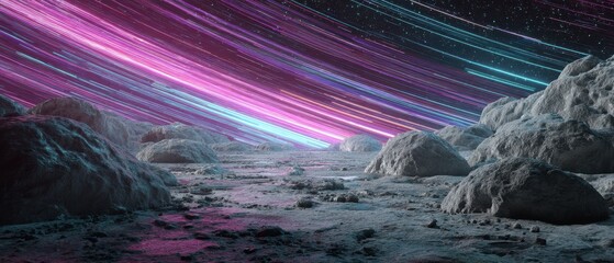 Wall Mural - surreal rocky landscape with vibrant light trails in the night sky concept of space exploration, sci