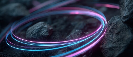 Wall Mural - abstract neon light trails swirling around dark rocks, creating a futuristic and ethereal landscape 