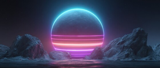 Wall Mural - surreal planet with neon rings on a rocky alien landscape, glowing with vibrant colors in a dark cos