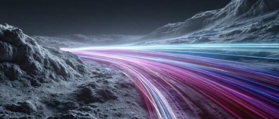 Wall Mural - abstract light trails through a rocky mountain landscape at night concept of speed, technology, and 