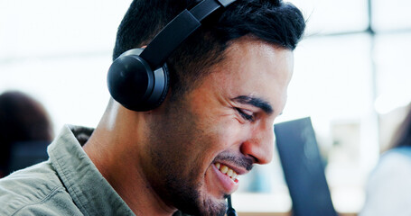 Aufkleber - Contact us, headset and smile of man in call center for assistance, communication or help. Business, consulting and customer service with happy employee in agency workplace for virtual support