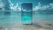 © Hamad - Peaceful summer beach scene in a smartphone mockup with sky turquoise water and digital art design clear overlay cut out on isolated transparent removed background