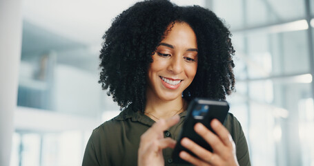 Poster - Business woman, phone and happy at office, texting or scroll with notification for deal at company. African person, smartphone and smile on mobile app, contact or excited for lead at financial agency