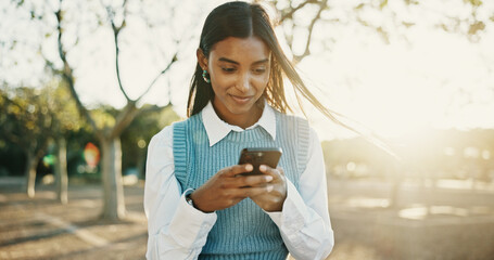 Aufkleber - Business, typing and woman with smartphone, outdoor and message to contact, texting and travel. Happy person, internet or employee with cellphone, social media and communication with app or morning