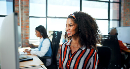 Aufkleber - Call center, computer and woman with headset, talking and lead generation, conversation and consultation. Telemarketing, agent and person with tech for sales, communication and friendly for services