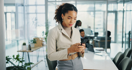 Poster - Woman, phone and texting at meeting in office with contact, review and check notification at finance agency. Person, click and smartphone with mobile app, typing and social media on break at company