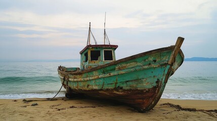 Naklejka na meble Weathered fishing vessel aground on a sandy shore.