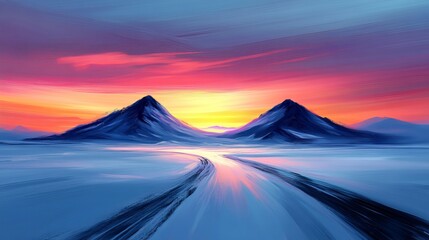 Wall Mural - a winding black path stretches towards two blue mountains set beneath a colorful sky in a picturesqu