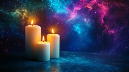 Wall Mural - candles shine vividly in front of a background that includes colorful nebulae with pink, purple, and
