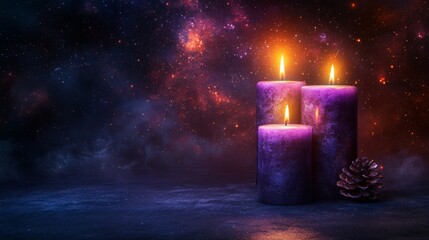 Wall Mural - two lit candles glow vibrantly in front of a backdrop of colorful nebula clouds and glittering stars