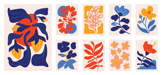Aufkleber - Botanical doodle background art vector set. Flower and leaves abstract shape doodle art design for print, wallpaper, clipart, wall art for home decoration.