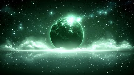 Wall Mural - the green planet shines with intense brightness within the dark vastness of space, encircled by fain