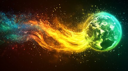 The planet is visible as it emits vibrant light beams into space against a starry backdrop, forming a digital rendering