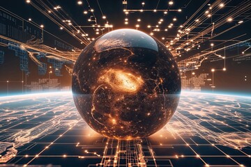 Ethereal Brown Sphere Over Digital Horizon with Blueprint Connectivity