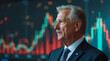 © Helen - Mature man in business suit with american flag pin looking at financial stock market graph on large public display screen showing price trend and data analysis.