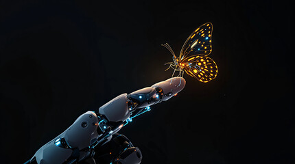 Robotic Hand Gently Touches a Luminous Butterfly Artificial Intelligence Concept