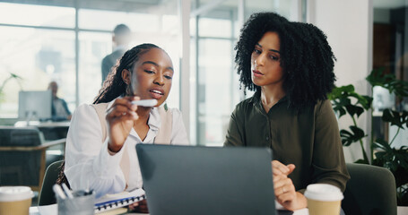 Poster - Feedback, meeting or business women with laptop for teamwork, collaboration or investment. Coworking, technology or financial advisors talking for project research, budget growth or risk management