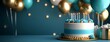 © Pumapala - Teal birthday cake, balloons, gifts. Festive backdrop