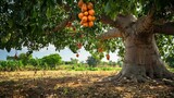 A baobab tree with its iconic wide trunk and fruit hanging from its branches