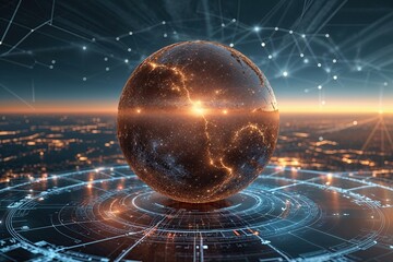 Ethereal Brown Sphere on Digital Horizon with Blueprint Connectivity Design