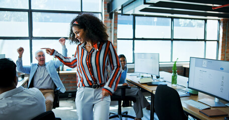 Poster - Dancing, employee and woman with colleagues, office and celebration for success in marketing agency. Business, people and happiness for promotion in company, employees and excited for achievement