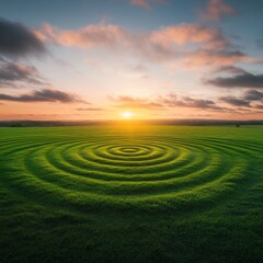 Wall Mural - green field at sunset