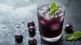 A glass of fresh jabuticaba juice with ice cubes and a mint garnish