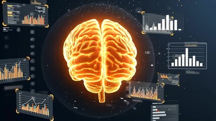 Wall Mural - Glowing digital brain with data graphs in background.
