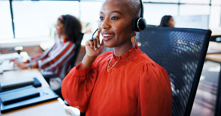 Aufkleber - Business, woman and headset in office at call centre for customer service, contact us and advisor. African person, consultant and mic for online assistance, listening to client and help for solution