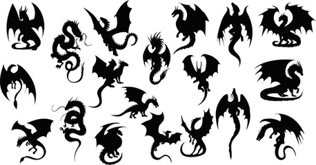 Wall Mural - set of winged dragons silhouette, vector