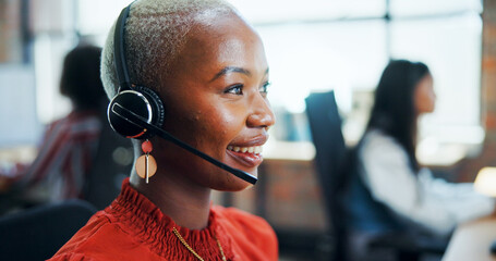Aufkleber - Call center, agent and woman with headset, talking and consultation for lead generation and conversation. Telemarketing, smile and person with tech for sales, communication and friendly for services