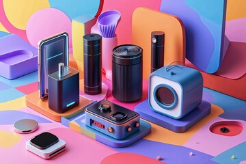 Three Dimensional Electronics and Gadgets on Vibrant Abstract Backgrounds