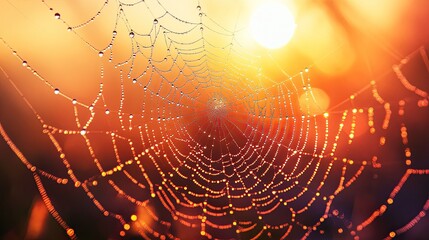 Water droplets on a spider web during golden hour, shown in an ultrarealistic nature illustration.