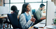 © peopleimages.com - Business, woman and talking with computer at call centre for customer service, questions and advisor. Female person, consultant and online assistance for crm advice, information and telecom procedure